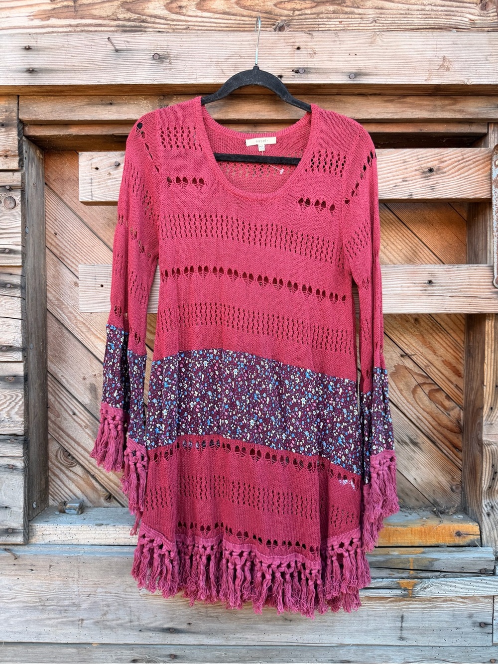 easel Rose Crochet Tunic Dress with Floral Panel